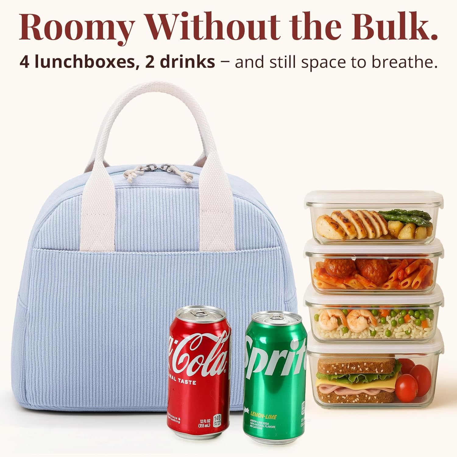 Insulated Cloud Blue Lunch Bag for Women, Stylish Corduroy Tote with Aluminum Lining, Large Capacity Reusable Cooler for Work, Travel, Beach or Picnic, Cloud Blue Water-Resistant Lunch Box