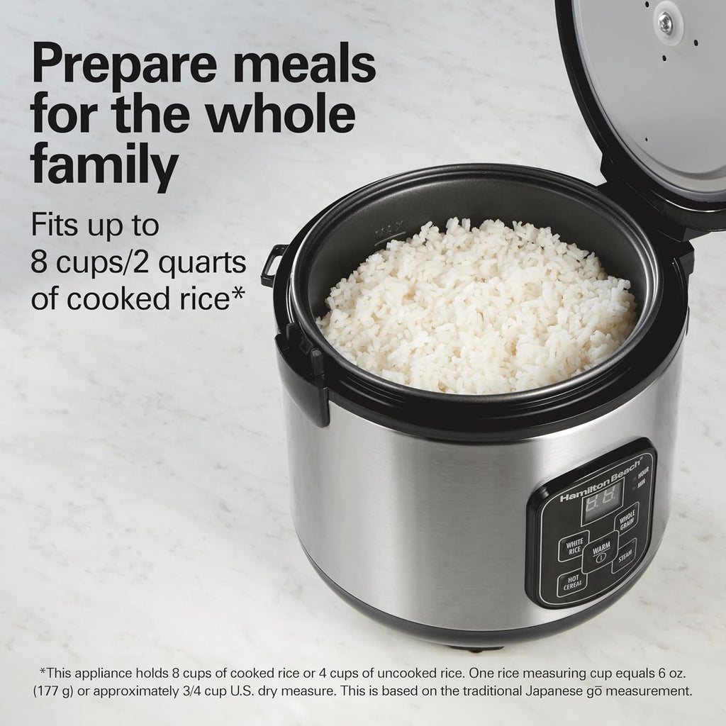 Digital Programmable Rice Cooker & Food Steamer, 8 Cups Cooked (4 Uncooked), With Steam & Rinse Basket, Stainless Steel