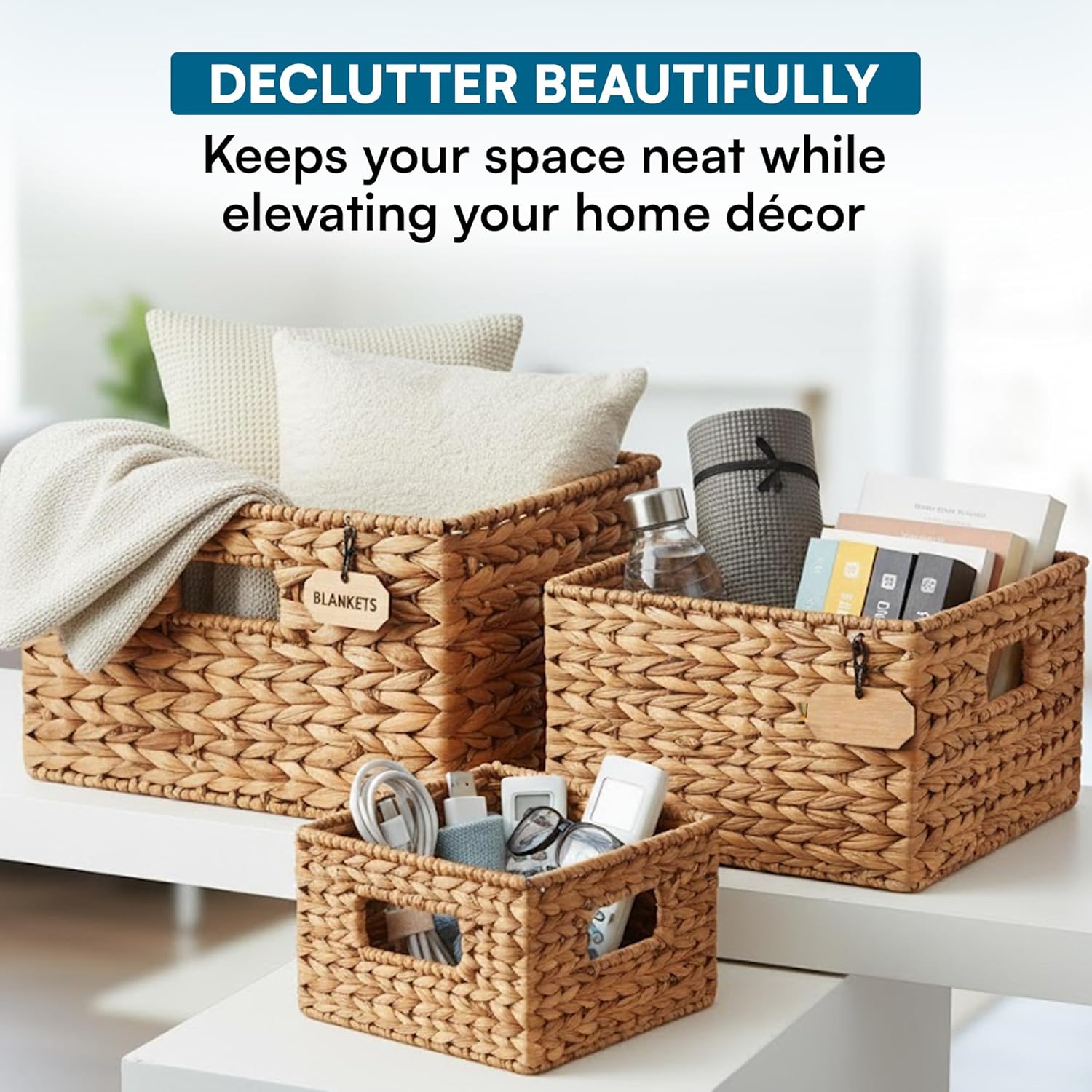 Banana Leaf Storage Baskets –Water Hyacinth Woven Basket, Decorative Baskets for Shelves, Basket for Gifts, Closet, Pantry, and Home Organization, Set of 3, Multi-Size