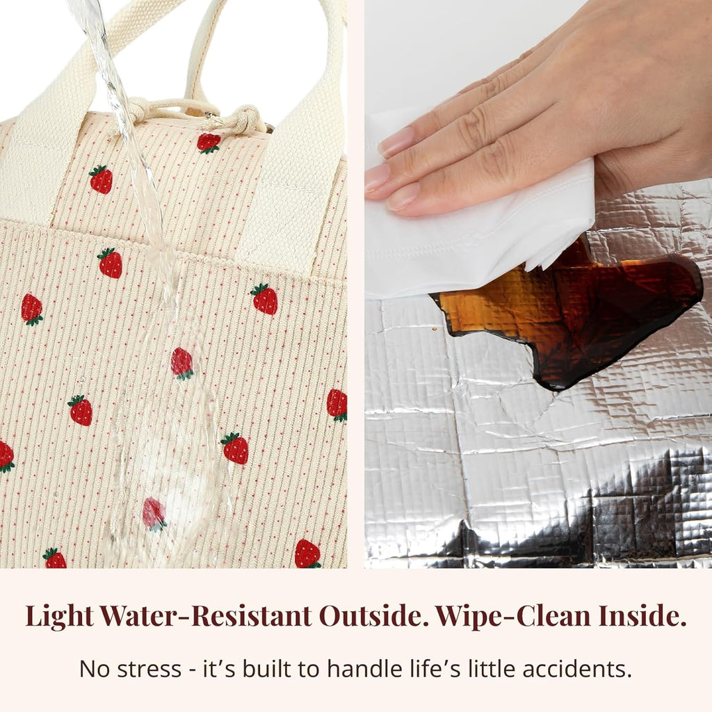Insulated Strawberry Lunch Bag for Women, Stylish Corduroy Tote with Aluminum Lining, Large Capacity Reusable Cooler for Work, Travel, Beach or Picnic, Beige Cream Water-Resistant Lunch Box