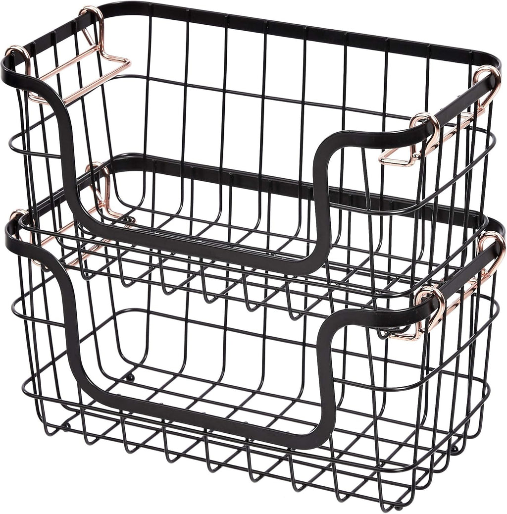 Stackable Metal Wire Rectangular Storage Baskets for Kitchen, Bathroom or Pantry Organizing, 2 Count, Black