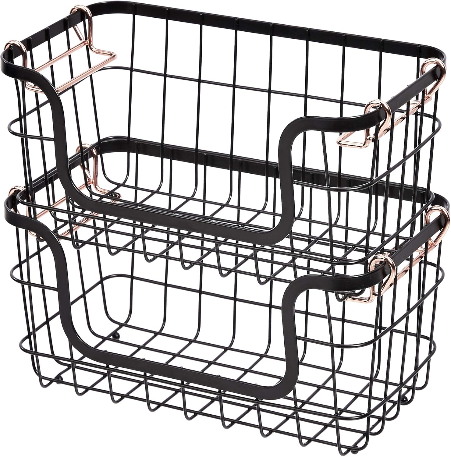 Stackable Metal Wire Rectangular Storage Baskets for Kitchen, Bathroom or Pantry Organizing, 2 Count, Black