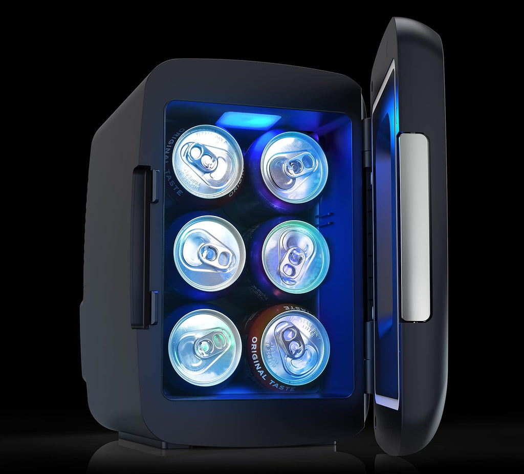 Gaming Light Up Mini Beverage Refrigerator, 6 can, 4 liters, Cooler with large see through door and LED lights Perfect for Gaming Experience, Home, Office, or Cars.12V Charger