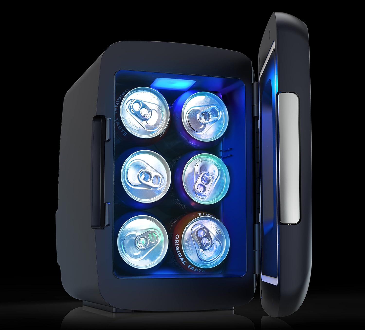 Gaming Light Up Mini Beverage Refrigerator, 6 can, 4 liters, Cooler with large see through door and LED lights Perfect for Gaming Experience, Home, Office, or Cars.12V Charger