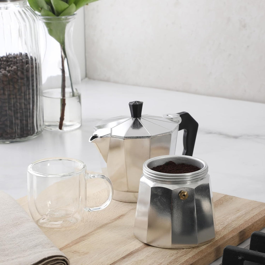 Brixia 6-Cup Stovetop Espresso Maker – Classic Italian Moka Pot, Aluminum Silver Espresso Coffee Maker with Handle for Strong, Rich Brew