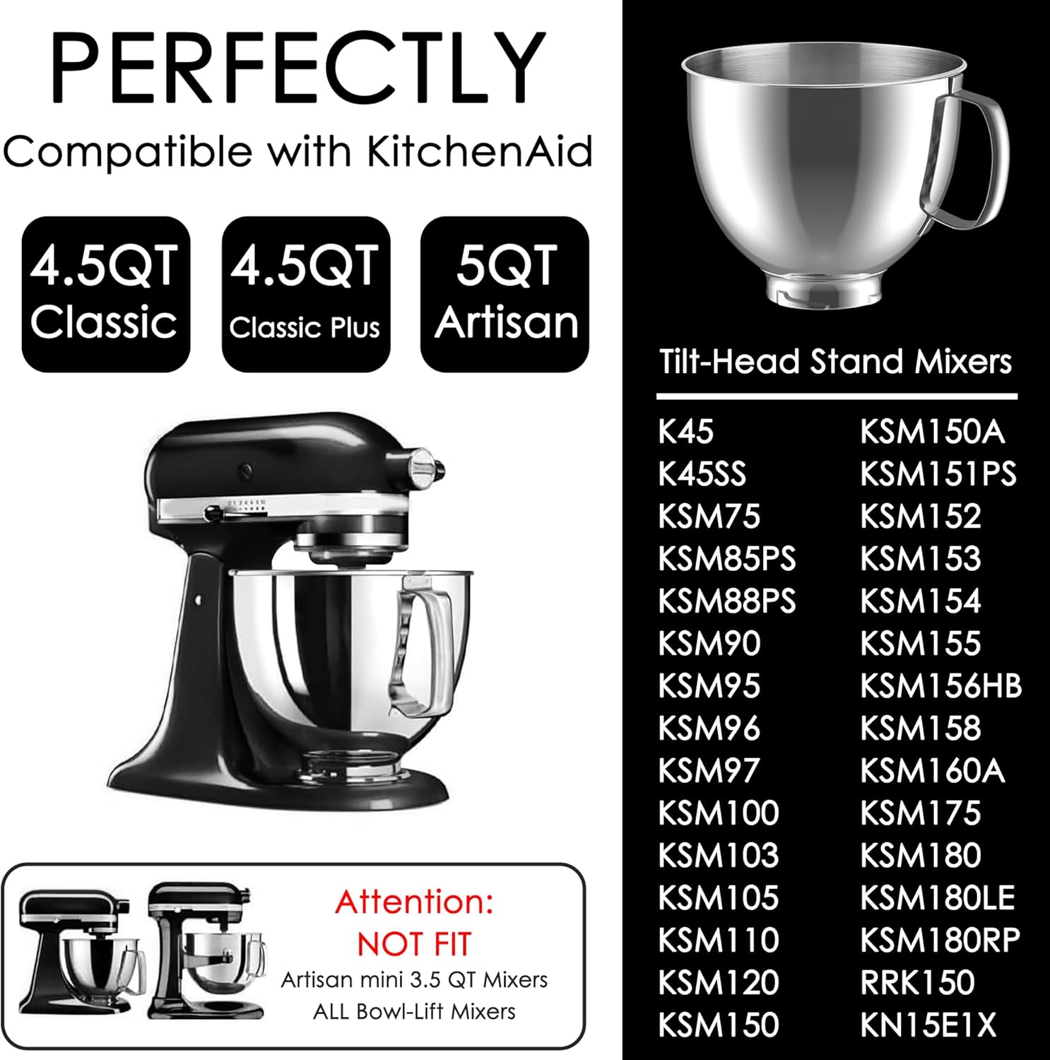 5 Quart Stainless Steel Mixer Bowl for KitchenAid Artisan & Classic Series 4.5&5 QT Tilt-Head Stand Mixers, Replacement Bowl for KitchenAid, Mixer Attachment for KA, Silver