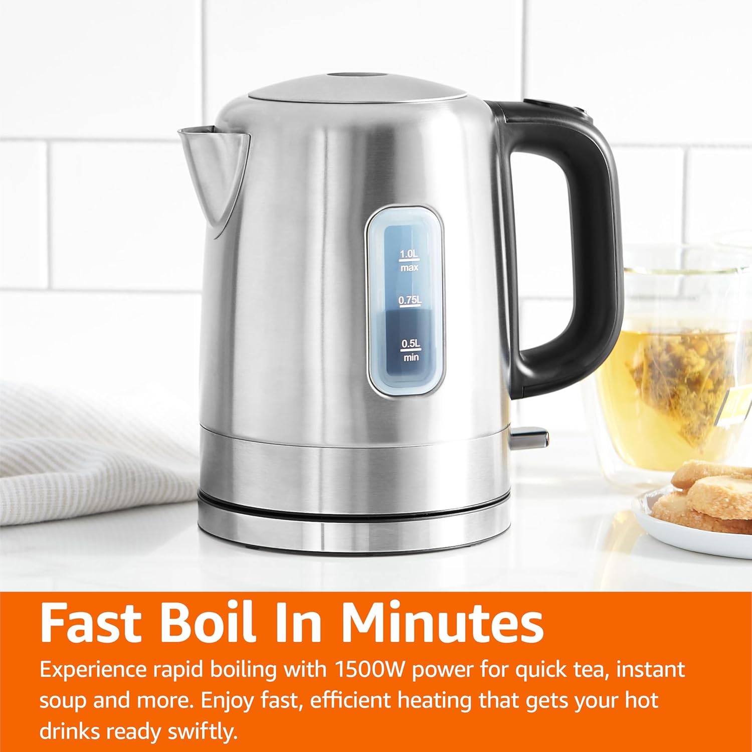 Electric Stainless Steel Kettle for Tea and Coffee, BPA-Free, Fast Boiling, Auto Shut-Off, 1 Liter, 1500W, Black and Silver