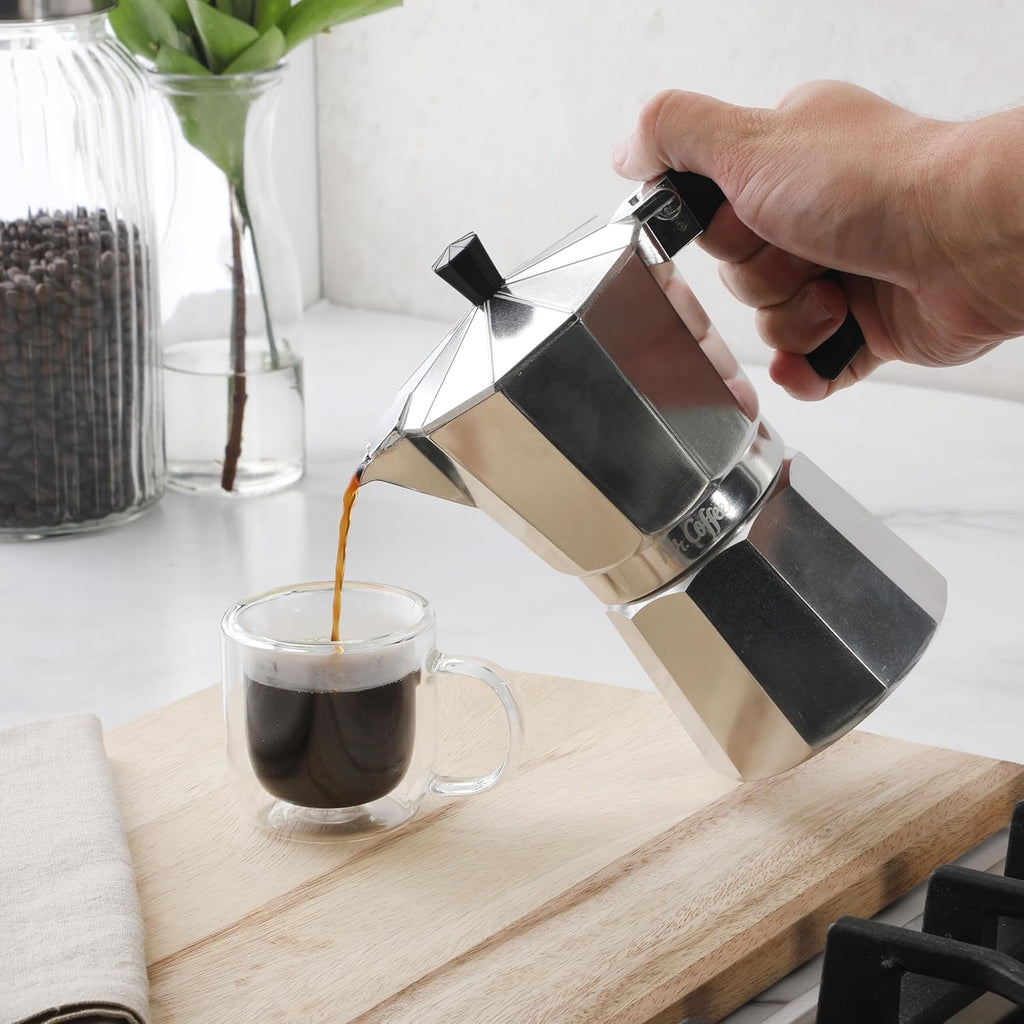 Brixia 6-Cup Stovetop Espresso Maker – Classic Italian Moka Pot, Aluminum Silver Espresso Coffee Maker with Handle for Strong, Rich Brew