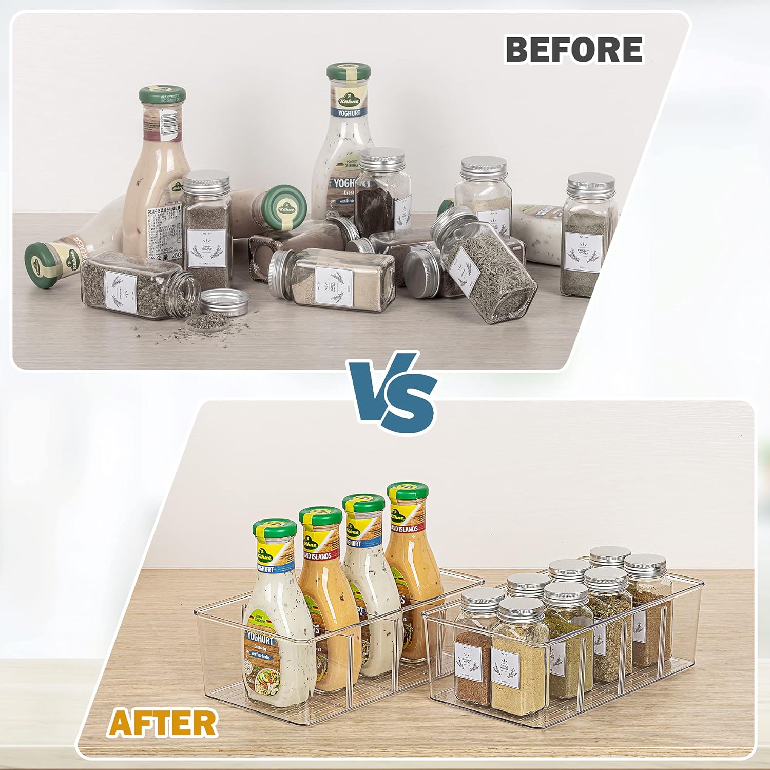 Food Storage Organizer Bins, Clear Plastic Bins for Pantry, Kitchen, Fridge, Cabinet Organization and Storage, 4 Compartment Holder for Packets, Snacks, Pouches, Spice Packets