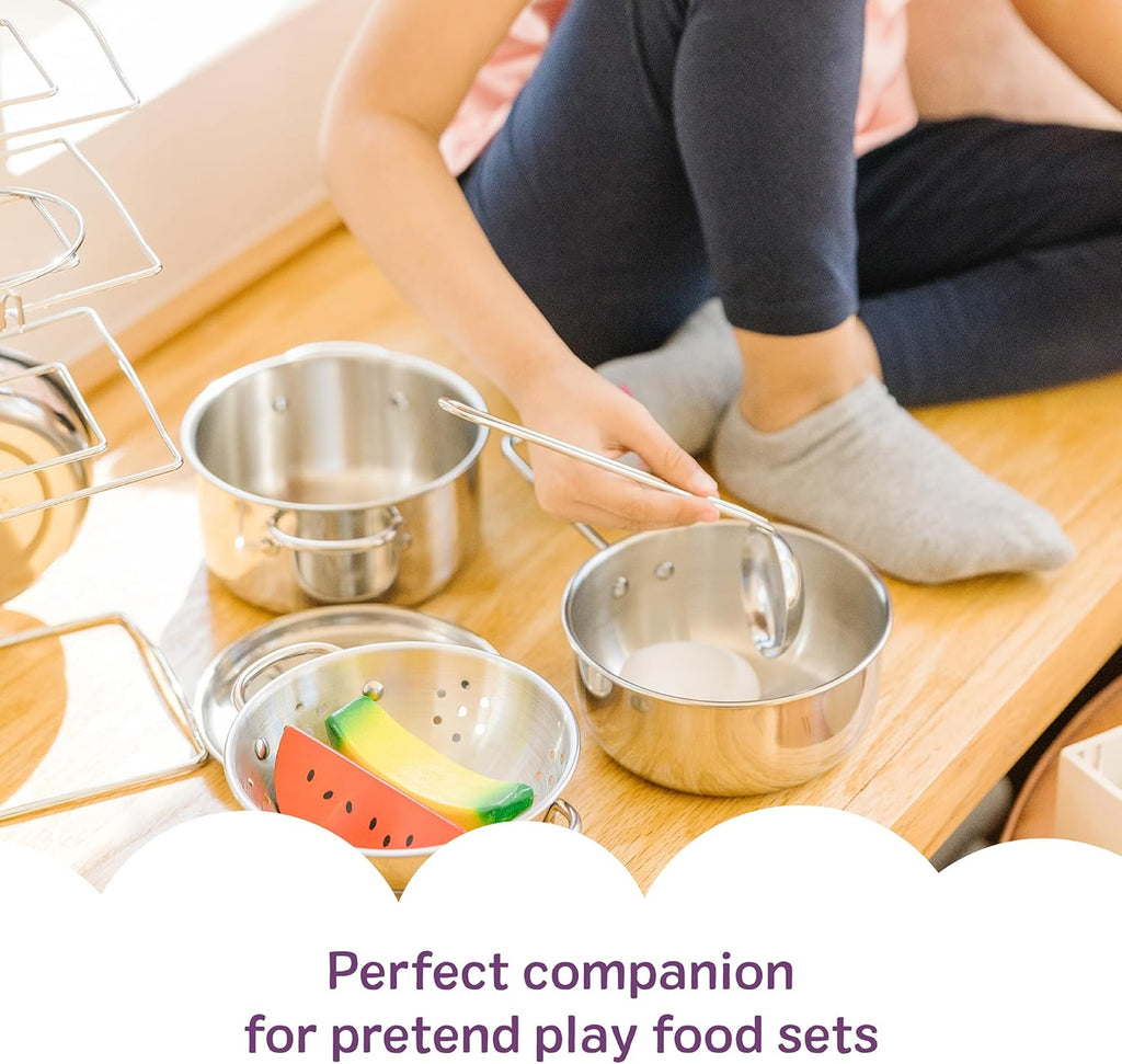 Stainless Steel Pots & Pans, 8 Piece Play Kitchen Set, Premium Play Kitchen Accessories & Cooking Utensils, Preschool Toys for Kids 3+