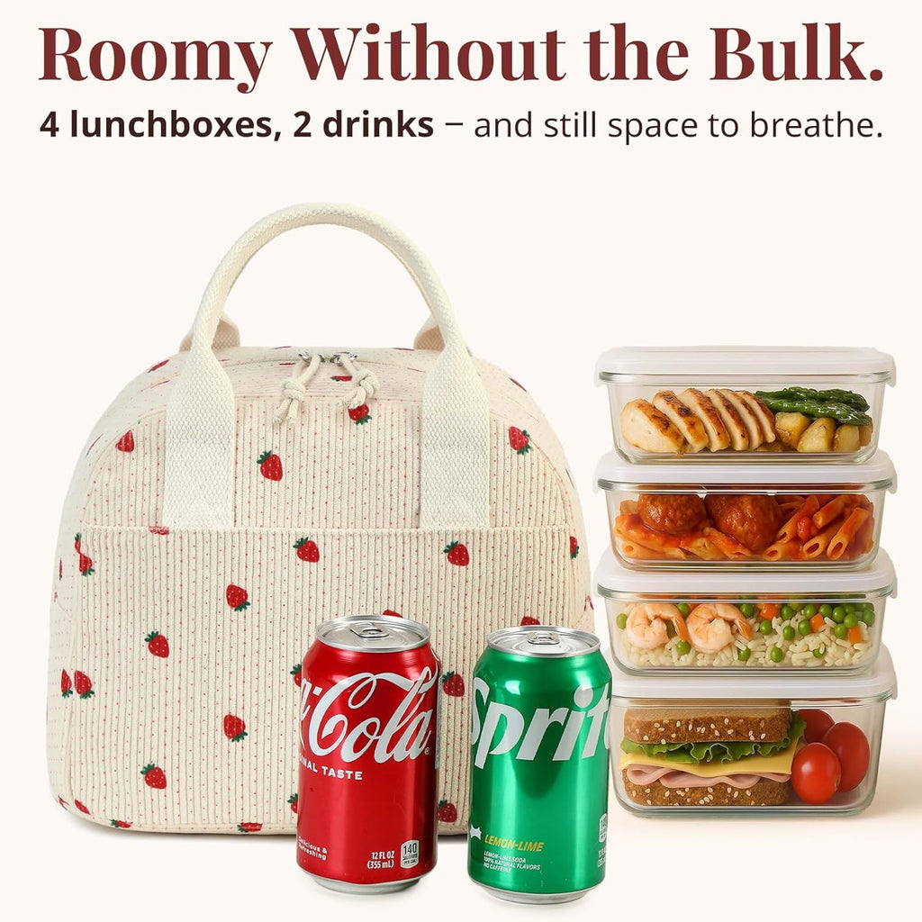 Insulated Strawberry Lunch Bag for Women, Stylish Corduroy Tote with Aluminum Lining, Large Capacity Reusable Cooler for Work, Travel, Beach or Picnic, Beige Cream Water-Resistant Lunch Box