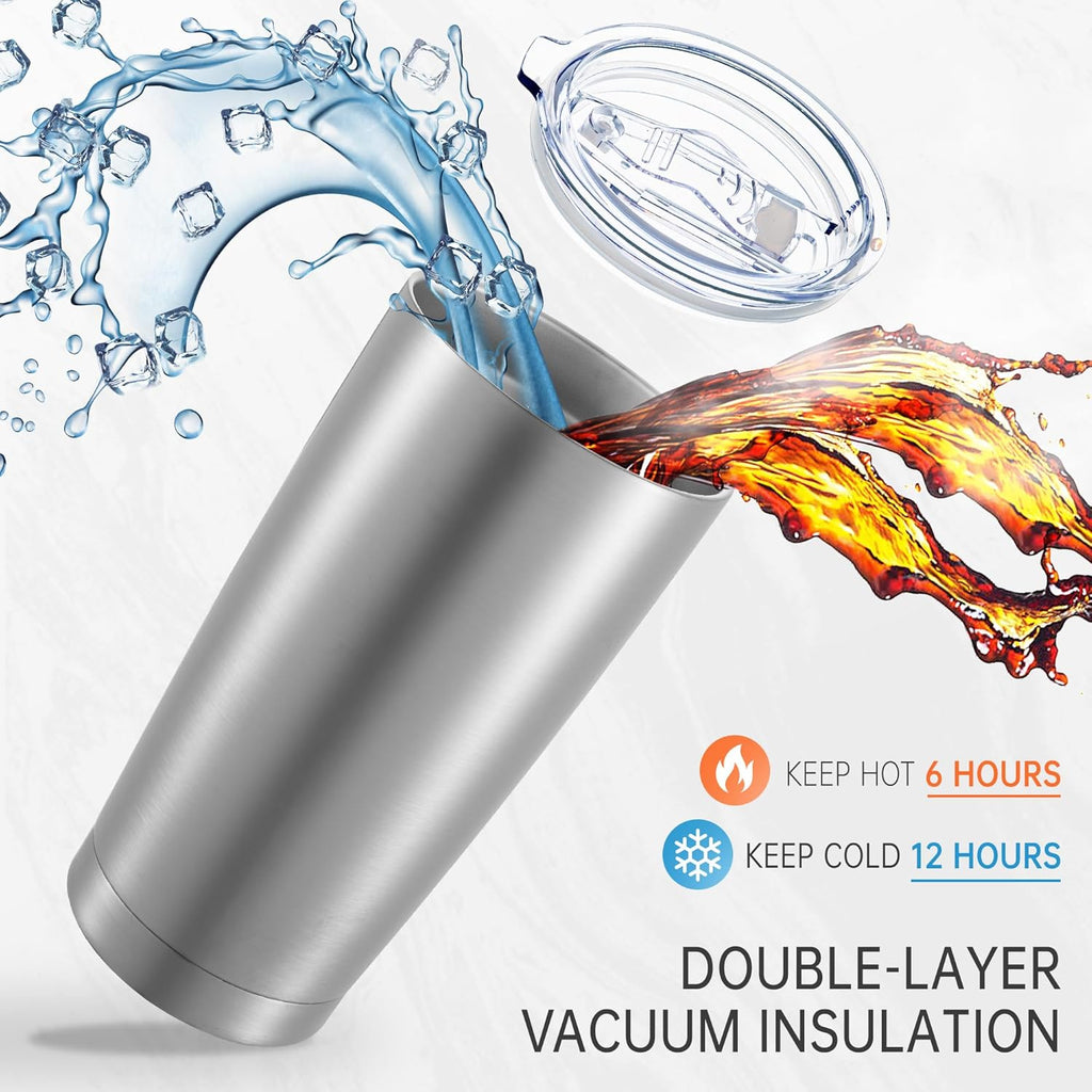 20 oz Tumblers Bulk Stainless Steel Tumbler with Lid Double Wall Vacuum Insulated Coffee Mug 20oz Powder Coated Cup for Hot and Cold Drinks, Stainless, 6 pack