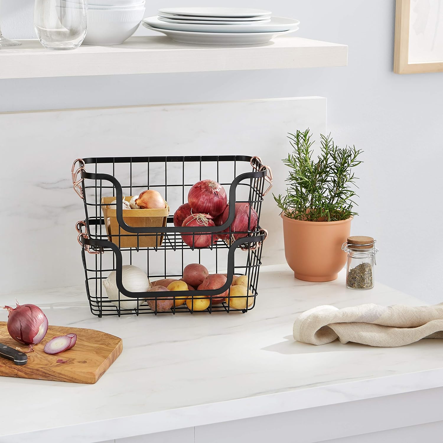 Stackable Metal Wire Rectangular Storage Baskets for Kitchen, Bathroom or Pantry Organizing, 2 Count, Black