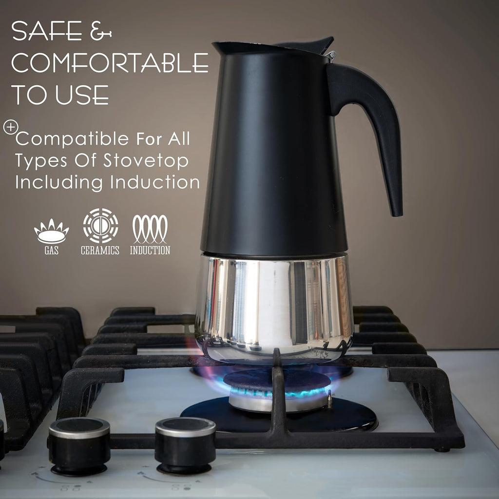 Mixpresso Black 9 Cup Greca Stovetop Espresso Pot 450ml/15oz, Moka Pot with Coffee Percolator Design, Stainless Steel Stove Top Coffee Maker for Camping or Home Use,Italian Stovetop Espresso Maker