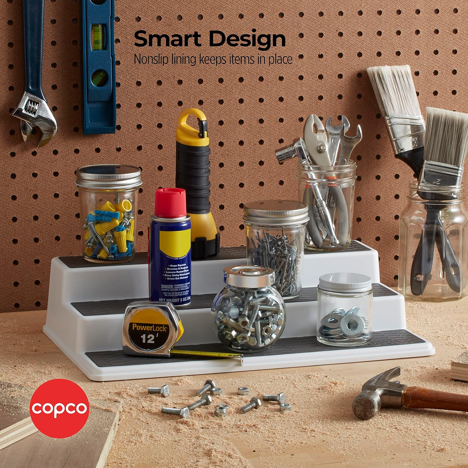 3-Tier Non-Skid Spice Rack Organizer for Kitchen Cabinet or Pantry, 15-Inch Tiered Shelf, White/Gray, Slip-Resistant Design for Jars and Bottles