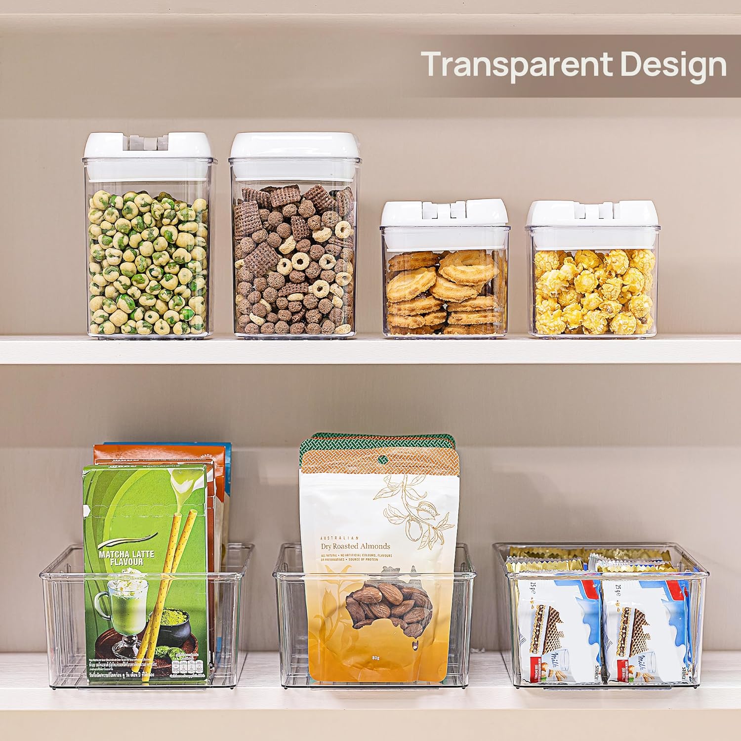 Food Storage Organizer Bins, Clear Plastic Bins for Pantry, Kitchen, Fridge, Cabinet Organization and Storage, 4 Compartment Holder for Packets, Snacks, Pouches, Spice Packets