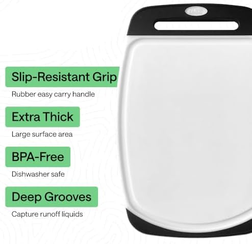 BPA-Free Reversible Kitchen Cutting Board Set of 3, US Designed, Nonporous, Juice Grooves Catch Liquid, Slip Resistant Border, Dishwasher Safe, Durable Large Food Chopping Boards, Black