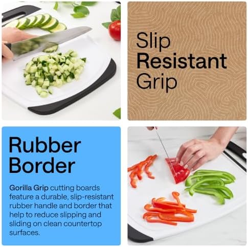 BPA-Free Reversible Kitchen Cutting Board Set of 3, US Designed, Nonporous, Juice Grooves Catch Liquid, Slip Resistant Border, Dishwasher Safe, Durable Large Food Chopping Boards, Black