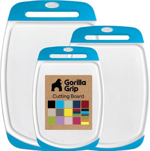 BPA-Free Reversible Kitchen Cutting Board Set of 3, US Designed, Nonporous, Juice Grooves Catch Liquid, Slip Resistant Border, Dishwasher Safe, Durable Large Food Chopping Boards,Aqua