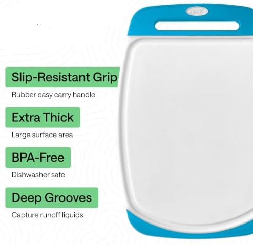 BPA-Free Reversible Kitchen Cutting Board Set of 3, US Designed, Nonporous, Juice Grooves Catch Liquid, Slip Resistant Border, Dishwasher Safe, Durable Large Food Chopping Boards,Aqua