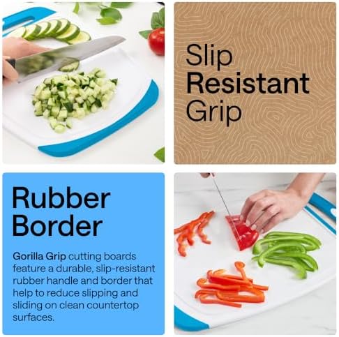 BPA-Free Reversible Kitchen Cutting Board Set of 3, US Designed, Nonporous, Juice Grooves Catch Liquid, Slip Resistant Border, Dishwasher Safe, Durable Large Food Chopping Boards,Aqua