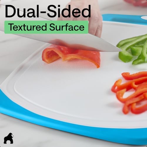 BPA-Free Reversible Kitchen Cutting Board Set of 3, US Designed, Nonporous, Juice Grooves Catch Liquid, Slip Resistant Border, Dishwasher Safe, Durable Large Food Chopping Boards,Aqua