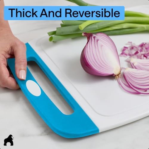 BPA-Free Reversible Kitchen Cutting Board Set of 3, US Designed, Nonporous, Juice Grooves Catch Liquid, Slip Resistant Border, Dishwasher Safe, Durable Large Food Chopping Boards,Aqua