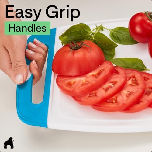 BPA-Free Reversible Kitchen Cutting Board Set of 3, US Designed, Nonporous, Juice Grooves Catch Liquid, Slip Resistant Border, Dishwasher Safe, Durable Large Food Chopping Boards,Aqua