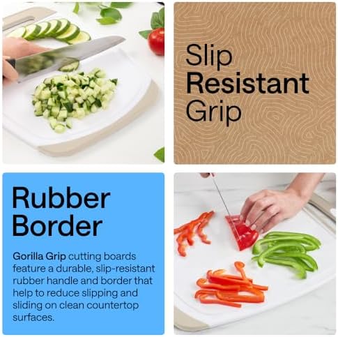 BPA-Free Reversible Kitchen Cutting Board Set of 3, US Designed, Nonporous, Juice Grooves Catch Liquid, Slip Resistant Border, Dishwasher Safe, Durable Large Food Chopping Boards, Almond