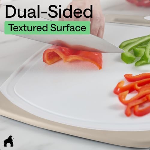 BPA-Free Reversible Kitchen Cutting Board Set of 3, US Designed, Nonporous, Juice Grooves Catch Liquid, Slip Resistant Border, Dishwasher Safe, Durable Large Food Chopping Boards, Almond