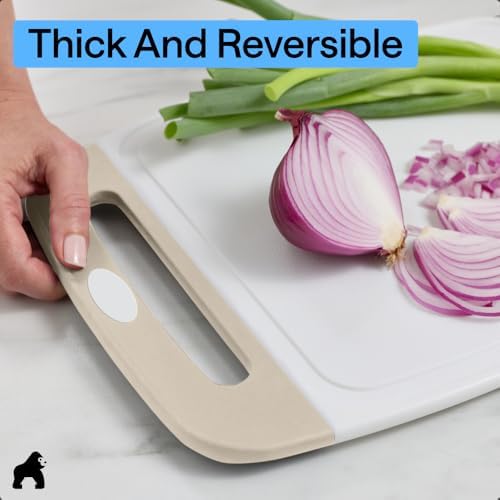 BPA-Free Reversible Kitchen Cutting Board Set of 3, US Designed, Nonporous, Juice Grooves Catch Liquid, Slip Resistant Border, Dishwasher Safe, Durable Large Food Chopping Boards, Almond