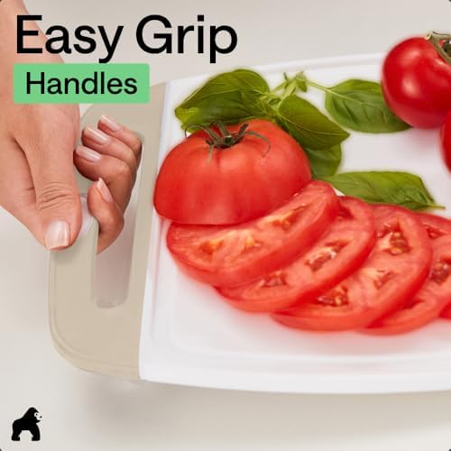 BPA-Free Reversible Kitchen Cutting Board Set of 3, US Designed, Nonporous, Juice Grooves Catch Liquid, Slip Resistant Border, Dishwasher Safe, Durable Large Food Chopping Boards, Almond