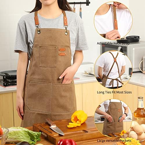 Tosewever Canvas Cross Back Chef Cotton Aprons for Men Women with Large Pockets