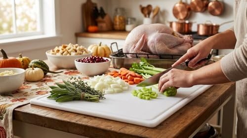 Extra-Large Plastic Cutting Board, Dishwasher- Safe Poly Chopping Board for Kitchen Meal Prep with Easy Grip Handle, 12-inch by 18-inch, White