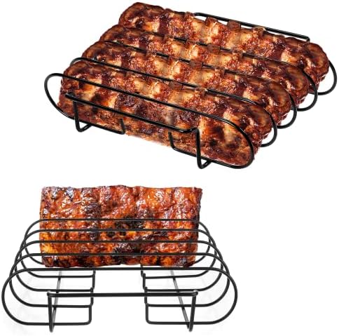 Stainless Steel Rib Rack, Holds Up to 4 Full Racks of Ribs for Smoking, Smoker Rack for Grilling, Nonstick BBQ Rib Rack Stand Holder