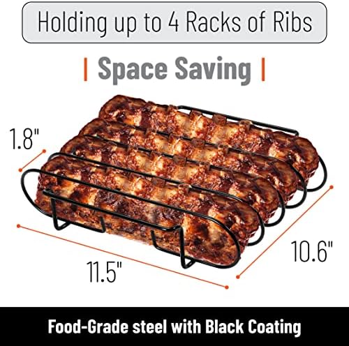 Stainless Steel Rib Rack, Holds Up to 4 Full Racks of Ribs for Smoking, Smoker Rack for Grilling, Nonstick BBQ Rib Rack Stand Holder