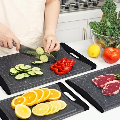 Extra Large Cutting Boards, Plastic Cutting Boards for Kitchen (Set of 3) Cutting Board Set Dishwasher Chopping Board with Juice Grooves Easy-Grip Handles, Dark Grey