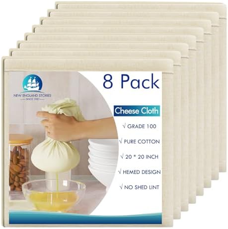 8 PCS Reusable Cheesecloth, Grade 100, 20x20 Inch Hemmed Cheese Cloth for Straining Craft, 100% Cotton Unbleached Cloth Strainer for Cooking, Baking, Juicing, Cheese Making
