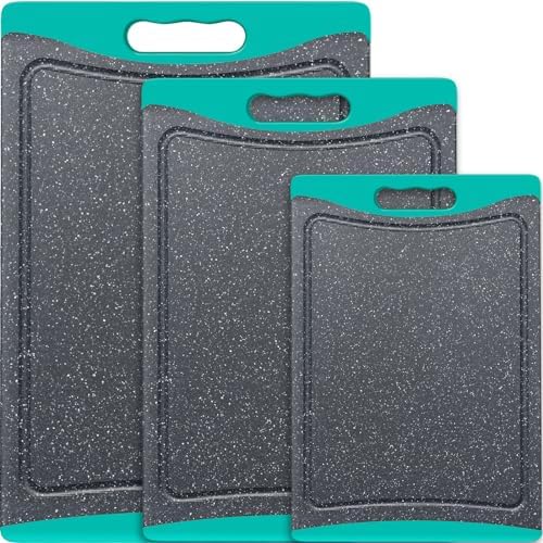 Extra Large Cutting Boards, Plastic Cutting Boards for Kitchen (Set of 3) Cutting Board Set Dishwasher Chopping Board with Juice Grooves Easy-Grip Handles, Turquoise