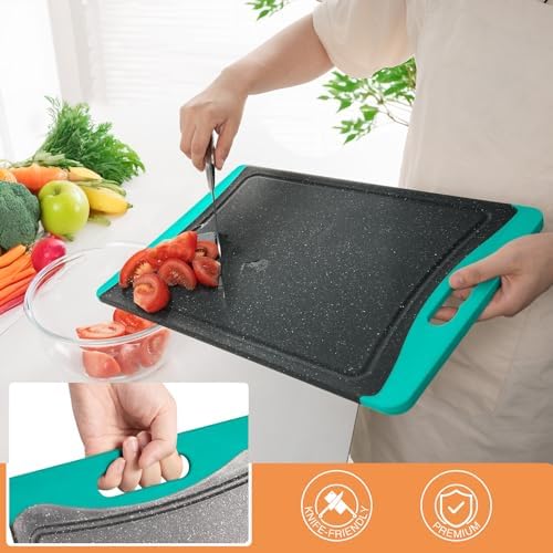 Extra Large Cutting Boards, Plastic Cutting Boards for Kitchen (Set of 3) Cutting Board Set Dishwasher Chopping Board with Juice Grooves Easy-Grip Handles, Turquoise