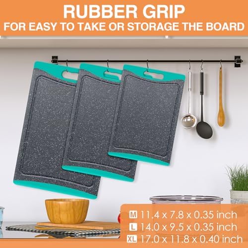 Extra Large Cutting Boards, Plastic Cutting Boards for Kitchen (Set of 3) Cutting Board Set Dishwasher Chopping Board with Juice Grooves Easy-Grip Handles, Turquoise