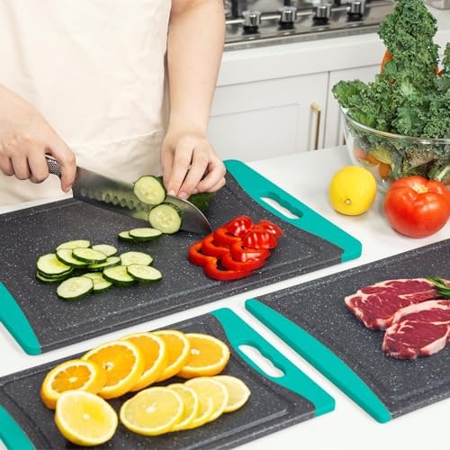 Extra Large Cutting Boards, Plastic Cutting Boards for Kitchen (Set of 3) Cutting Board Set Dishwasher Chopping Board with Juice Grooves Easy-Grip Handles, Turquoise