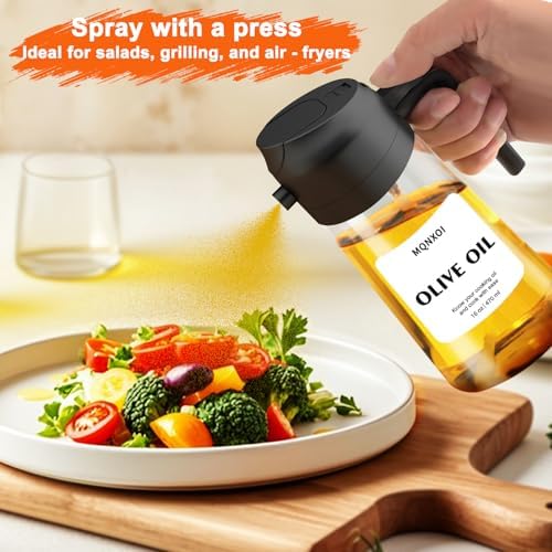 2 in 1 Glass Oil Sprayer & Dispenser,16oz/470ml Olive Cooking, Air Fryer, and Salad, for Kitchen Gadgets and Air Fryer Accessories, w/Stickers (Black)