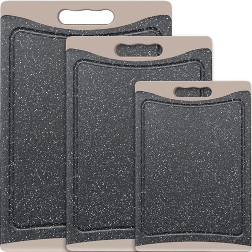 Extra Large Cutting Boards, Plastic Cutting Boards for Kitchen (Set of 3) Cutting Board Set Dishwasher Chopping Board with Juice Grooves Easy-Grip Handles, Almond Gray