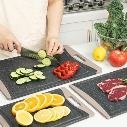 Extra Large Cutting Boards, Plastic Cutting Boards for Kitchen (Set of 3) Cutting Board Set Dishwasher Chopping Board with Juice Grooves Easy-Grip Handles, Almond Gray