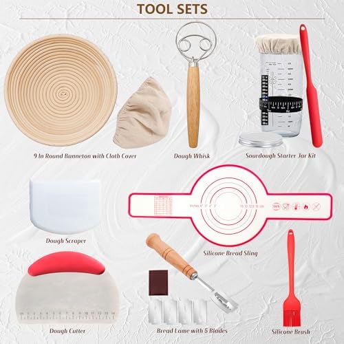 Complete Sourdough Starter Kit, Banneton Bread Proofing Basket with Glass Sourdough Starter Jar, Sourdough Bread Baking Supplies, 9'' Round Bread Proofing Basket, for Bread Making Baking Fermentation
