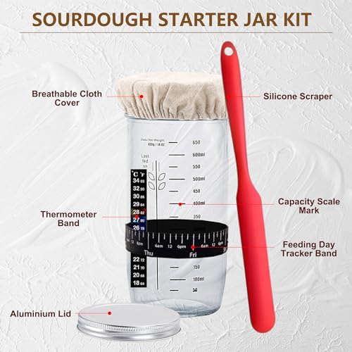 Complete Sourdough Starter Kit, Banneton Bread Proofing Basket with Glass Sourdough Starter Jar, Sourdough Bread Baking Supplies, 9'' Round Bread Proofing Basket, for Bread Making Baking Fermentation
