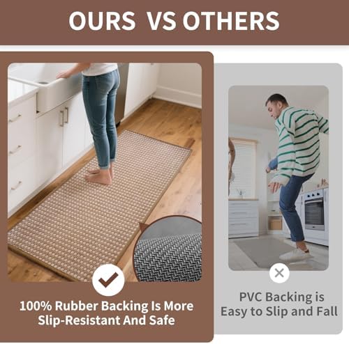 Kitchen Rugs Non Slip Washable, Rubber Backing Soft Chenille Braided Kitchen Mats for Floor, Super Absorbent Kitchen Runner Rug Standing Mat Sink Mat, Easy to Clean, Brown 17"x47"