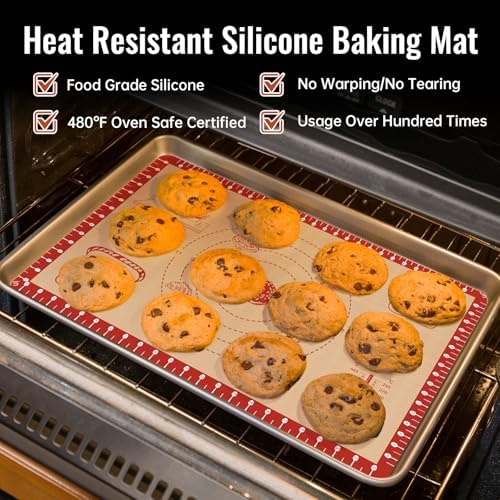 Silicone Baking Mat with Recipes, Extra Thick Silicone Mats for Baking, Non Stick Pastry Mat for Rolling Dough, Silicone Macaron Baking Mat for Cookie,Bread,Pizza,Fondant Mat, Oven&Dishwasher Safe
