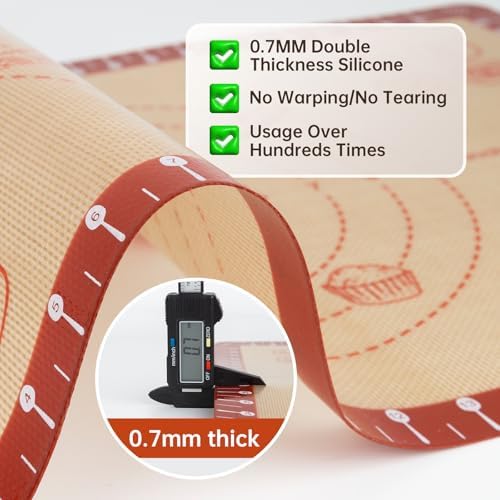 Silicone Baking Mat with Recipes, Extra Thick Silicone Mats for Baking, Non Stick Pastry Mat for Rolling Dough, Silicone Macaron Baking Mat for Cookie,Bread,Pizza,Fondant Mat, Oven&Dishwasher Safe